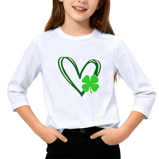 T-Shirt de la Saint-Patrick pour Filles, Mignon T-Shirt Graphique à Manches 3/4 Col Rond avec Imprimé Irlandais, Hauts Décontractés Printemps Été pour Vacances, Fête d'Anniversaire et Usage Quotidien Blanc 160