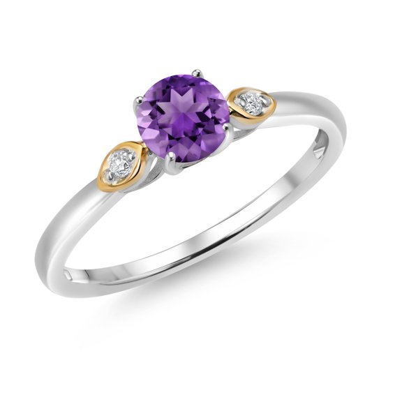 Gem Stone King 925 Sterling Silver and 10K Yellow Gold Purple Amethyst and White Lab Grown Diamond 3 Stone Engagement Ring for Women (0.51 Cttw, Round Gemstone February Birthstone, Size 5)
