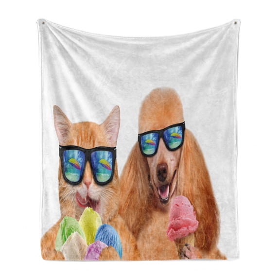 Animal Soft Flannel Fleece Throw Blanket, Cat Dog Pet with Sunglasses Eating Ice Cream Retro Cool Vintage Pop Artwork Image, Cozy Plush for Indoor and Outdoor Use, 70" x 90", Multicolor, by Ambesonne