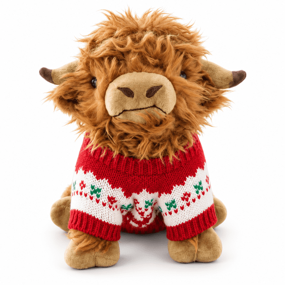 ReedCA Christmas Highland Cow Plush Toy, 11 in, Red Sweater