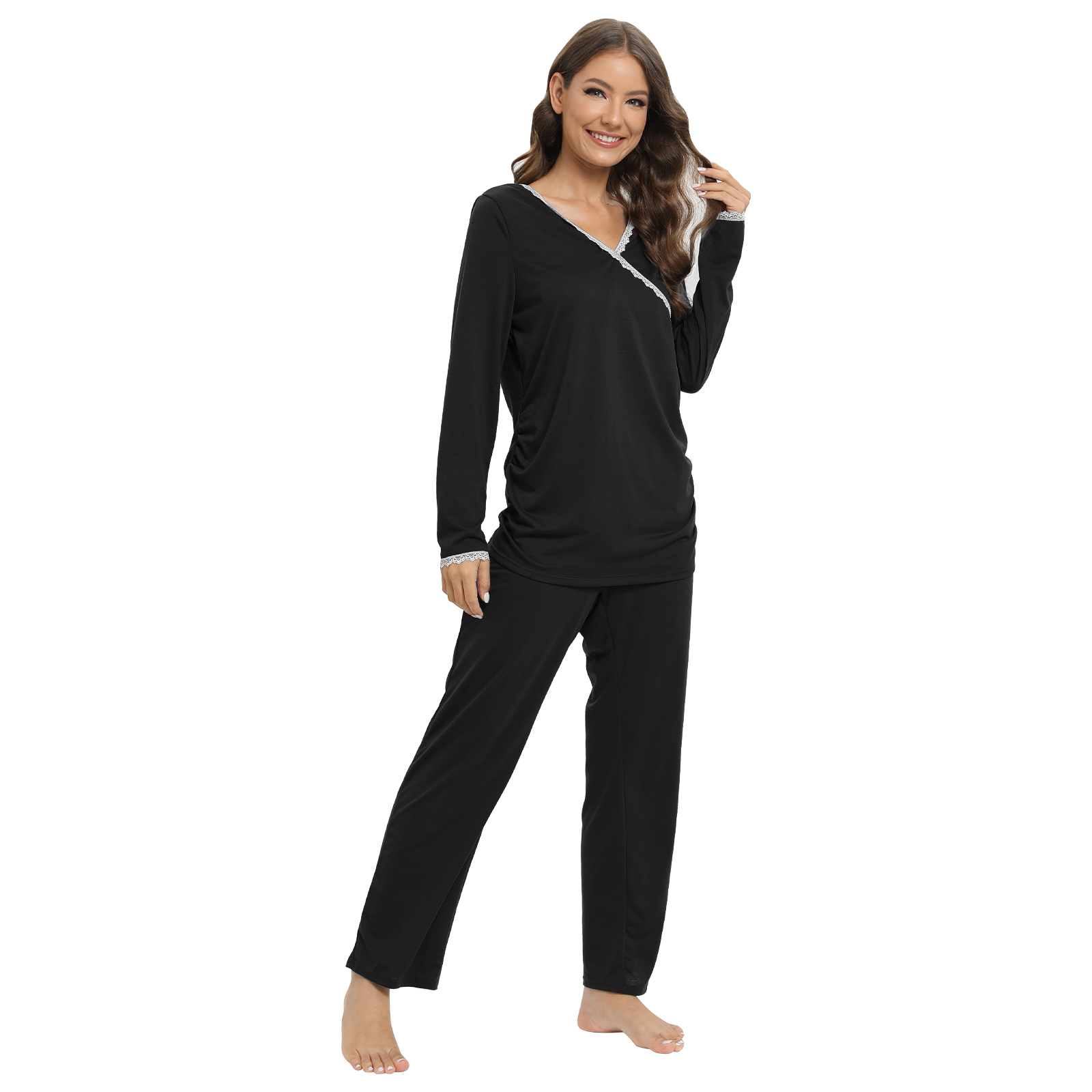 Baywell Women's Maternity Nursing Pajama Sets V Neck Long Sleeve