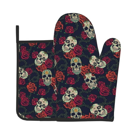 

Bingfone Roses Skulls Print Oven Mitts Pot Holders Set 2 PCS for Kitchen for Cooking Grilling Baking BBQ Pot Holders Cook Essentials