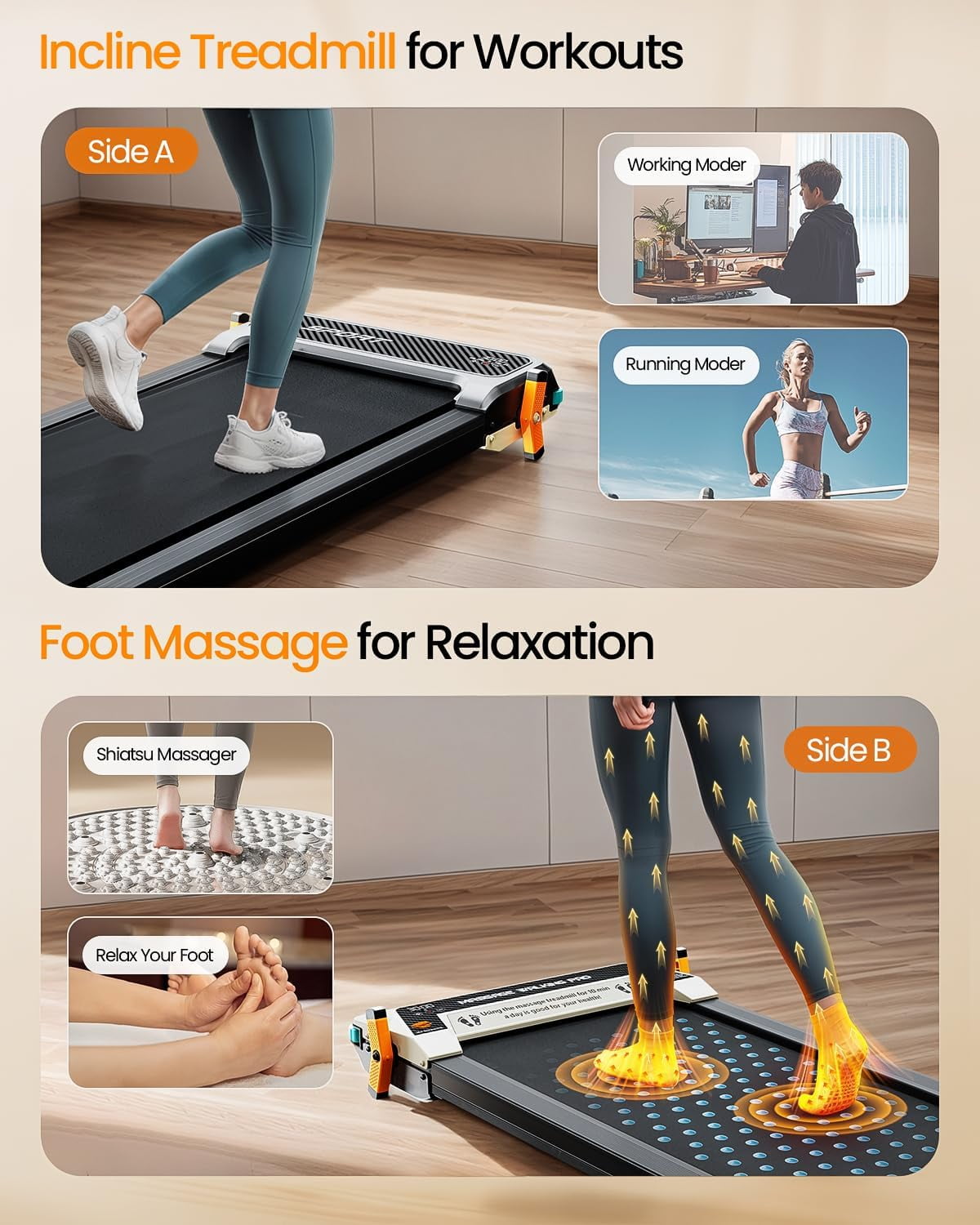 UP PAD 2-in-1 Smart Treadmill, Shiatsu Foot Massage Treadmill, 2.5HP Incline Walking Pad for  Home