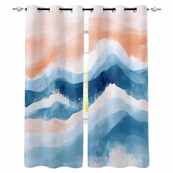 Orange Navy Blue Ombre Blackout Curtains for Bedroom, Abstract Beach Waves Gradient Room Darkening Window Drapes for Living Room, Thermal Insulated Grommet Curtains, 52x84 inch, 2 Panels