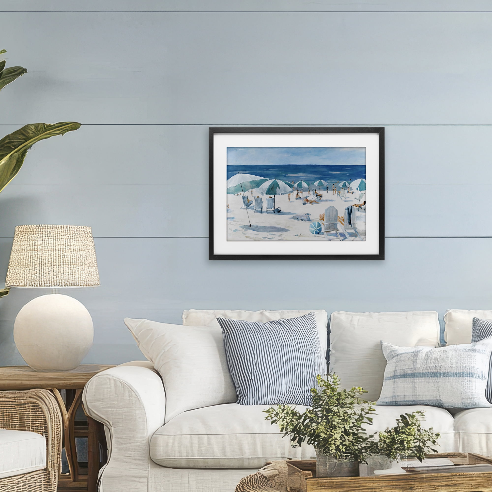 Stupell Industries Umbrella Beach Coastal Scene Black Framed Print Under Glass, design by Lorenzo Collective