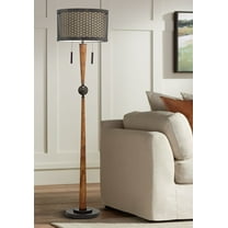 Franklin Iron Works Modern Mid Century Farmhouse Rustic Floor Lamp 64" Tall Bronze Cherry Wood Metal Cream Double Drum Shade for Living Room Reading