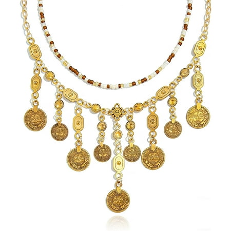 Boho Coin Necklace Beaded Layered Retro Coin Tassel Pendant Necklace Pirate Gypsy Accessories