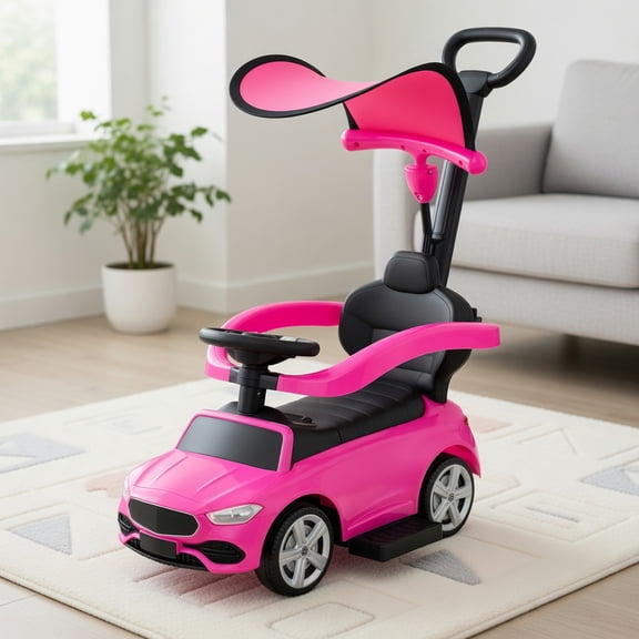 Resenkos Mercedes-Benz Licensed 3-in-1 Ride-On Push & Slide Car for Toddlers – Pink, Includes Canopy, Horn Sound Steering Wheel, ASTM-Certified Safety