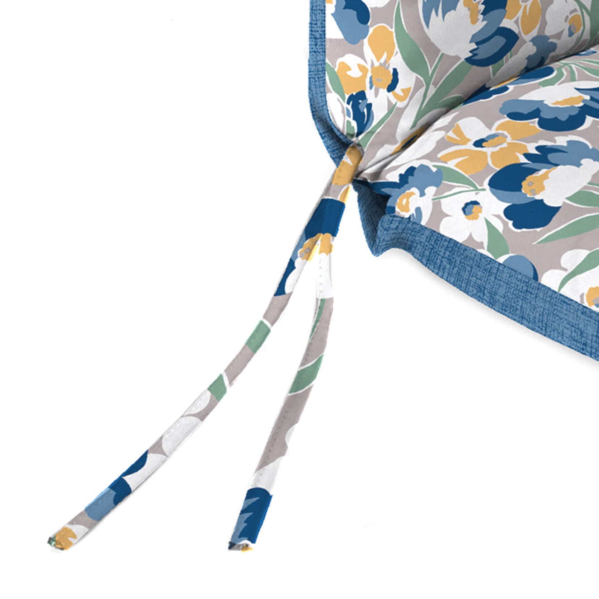 Jordan Manufacturing 44" x 22" Jean Alloy Gray Floral and Celosia Alloy Blue Crosshatch Reversible Rectangular Outdoor Chair Cushion with Ties and Hanger Loop