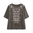 thumbnail image 5 of Vinsonshop Women's Cotton Linen Embroidered Tops Short Sleeve Crewneck Boho Floral Blouses Casual Flowy Tunic Peasant Shirts Lightweight Loose Fit Summer Everyday Apparel Dark Gray L, 5 of 5