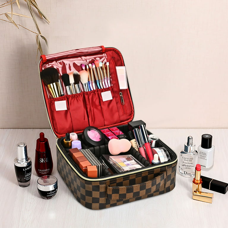 Makeup Bag for Women, Checkered Cosmetic Case, Travel Cosmetic Organizer  with Adjustable Dividers, Red 