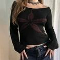 thumbnail image 3 of Women Y2k Off Shoulder Sweater Vintage Floral Graphic Long Sleeve Knit Pullover Slim Streetwear Black Red Flowers L, 3 of 7