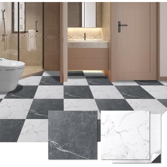 Peel and Floor Tiles 10- 12 x 12 inch, Self Flooring Planks for Room, Kitchen, , Cover 10 Sq. Ft, Black & White Marble (5 Tiles per Color)