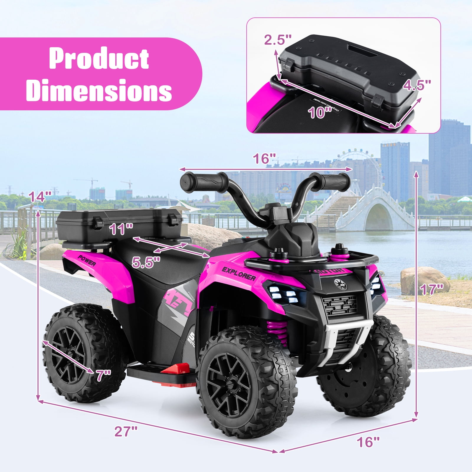 Costway 6V Toddler Ride On Electric Car ATV with Lights & Music & USB Port Storage Box Toy Car Pink