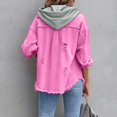 thumbnail image 4 of Women’s Distressed Denim Jacket with Detachable Hood, Casual Button Down Long Sleeve Jean Coat, Frayed Hem Distressed Retro Outerwear, Hot Pink S, 4 of 5