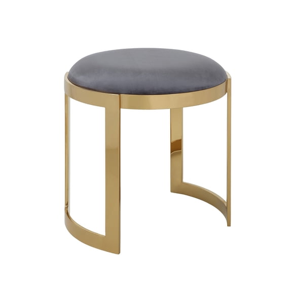 Benjara Niyo 19" Accent Stool Ottoman- Round Cushioned Gray Velvet Seat- Gold