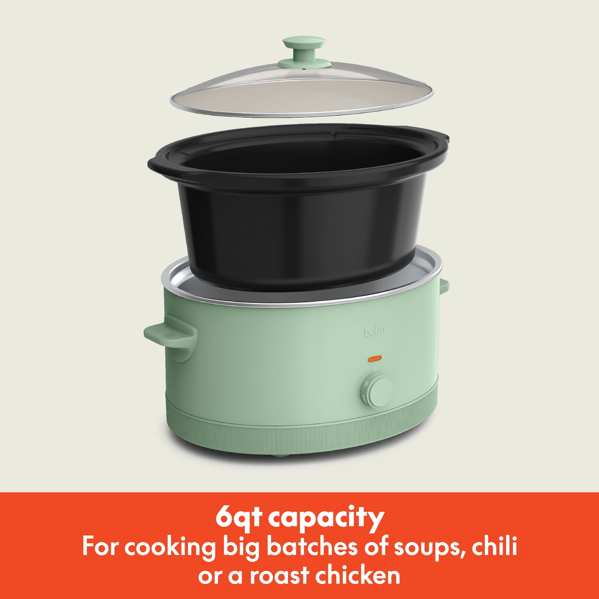 bella 6 Qt Manual Slow Cooker with 3 Temperature Settings, Ceramic Nonstick Coating, Dishwasher Safe Stoneware Pot & Tempered Glass Lid, Seaglass