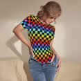 thumbnail image 3 of KLL Women 's Crew Neck Bodysuit Jumpsuits Rainbow Chequerboard Print Short onesies Stretch T Shirts, 3 of 5