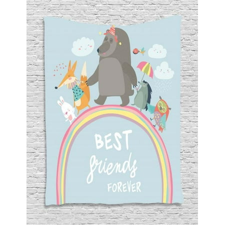 Kids Girls Tapestry, Best Friends Forever Quote with Happy Animals Walking on Rainbow Bear Fox Rabbit, Wall Hanging for Bedroom Living Room Dorm Decor, 60W X 80L Inches, Multicolor, by