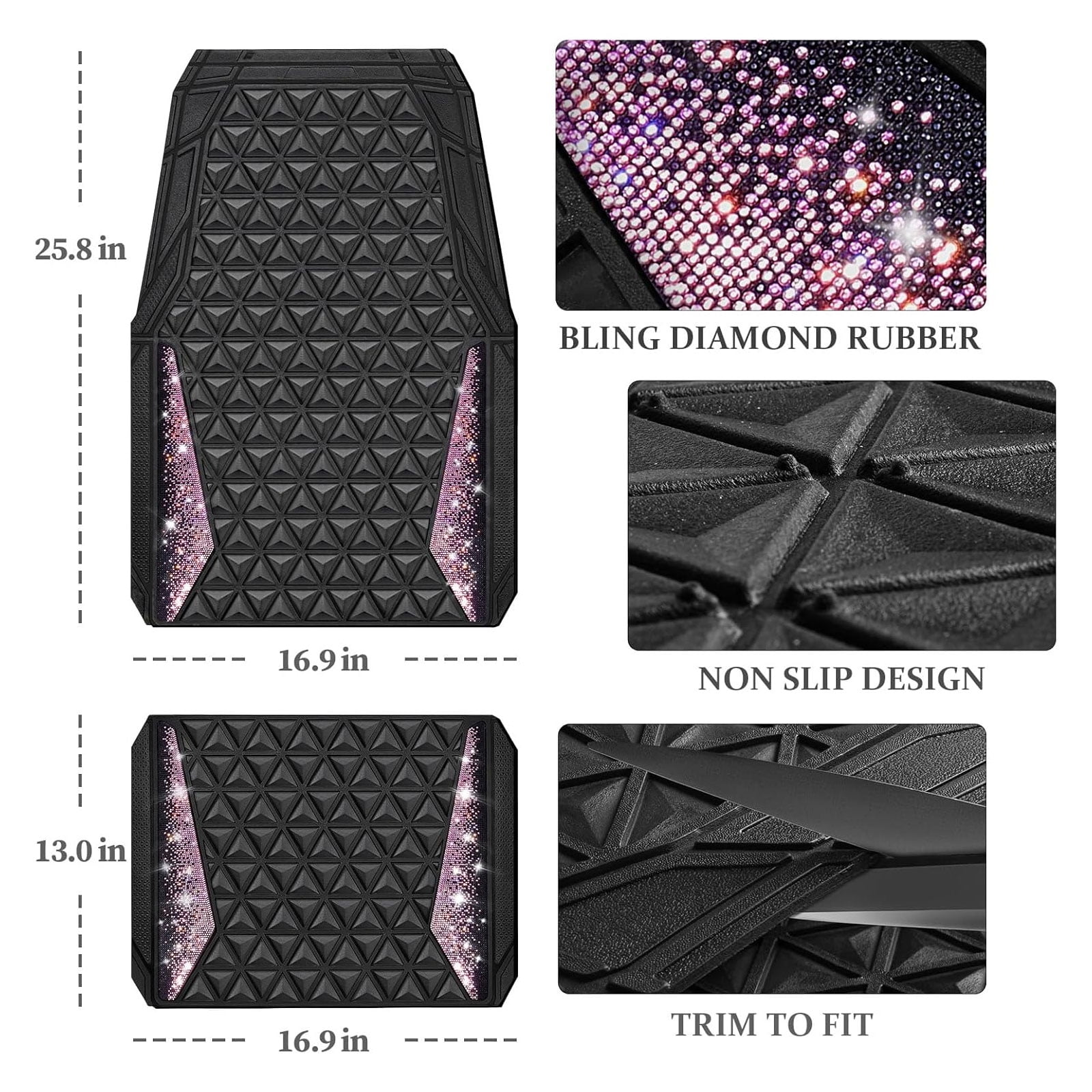 CAR GRAND Bling diamond rubble automotive floor mats full set anti-slip water proof universal fit glitter crystal sparkly shining rhinestone girl woman lady femal Black Pink
