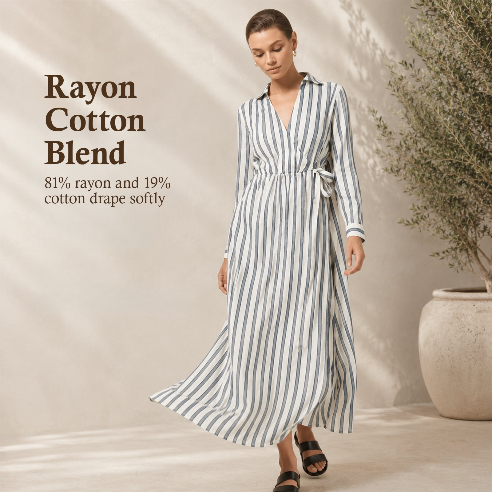 Alvantor Women's Striped Shirt Dress, Long Sleeve Collared Wrap Midi, Rayon Cotton Blend, White Blue Stripe