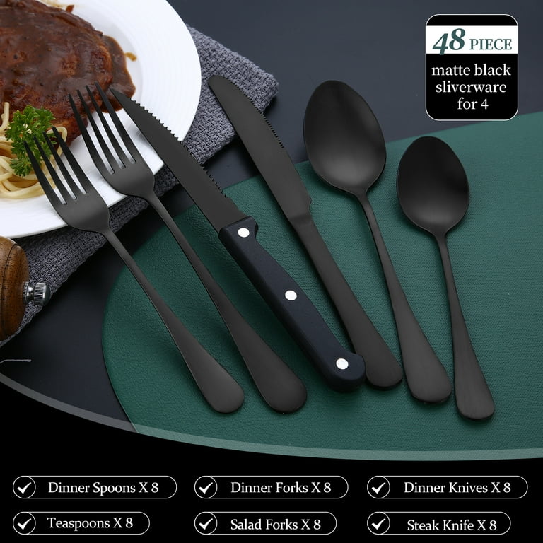 Hiware 48-Piece Matte Black Silverware Set for 8, Stainless Steel
