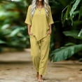 thumbnail image 4 of Bloomae Two Piece Cotton Linen Outfit Sets for Women Lightweight Casual Summer Short Sleeve Irregular Hem Tops Drawstring Elastic Waist Button Ruched Bottom Pants Matching Lounge Set Yellow XXXL, 4 of 7