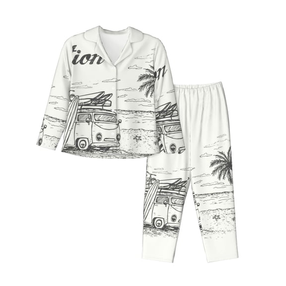 Saiise Summer Vacation Scene With Camping Van Print Women Soft Pajama Sets,Long Sleeve Sleepwear Button Up 2-Piece Pjs Lounge Sets-Small