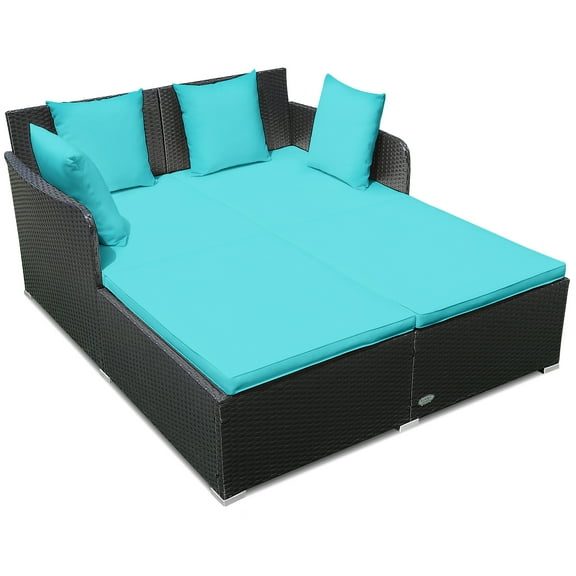 Patiojoy Patio Rattan Daybed with 4 Pillows Cushioned Sofa for Outdoor Turquoise
