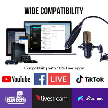 Condenser Microphone with Live Sound Card, Studios Recording Broadcasting Microphone Mic, Adjustable Mic Suspension Scissor Arm, Microphone Bundle for Podcast, Metal Shock Mount, Pop Filter