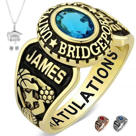 Ccjcinata Fully Personalized Customized class rings Sterling Silver Women's High School and College Class Ring – Classic Collection (Sterling Silver - Gold Plated)