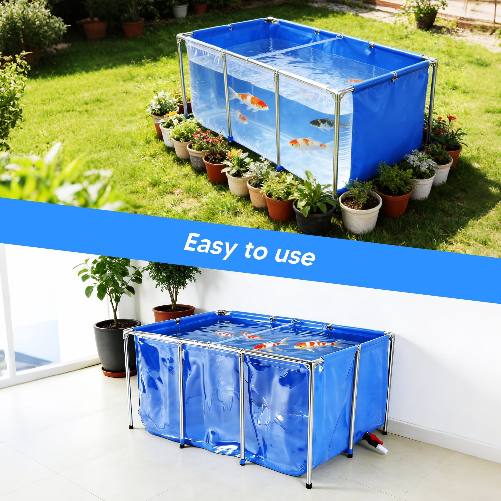 Qiyester Aquarium Pool Pond Portable Collapsible Fish Breeding Tank Swimming Pools with Frame Transparent Clear Viewing Panel Ball Valve Water Outlet for Koi,Goldfish 345Gallon