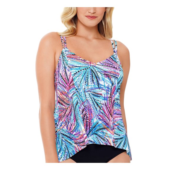 SWIM SOLUTIONS Women's White Abstract Print Stretch Full Bust Support Princess-Seam High-Low Adjustable Palmalicious Scoop Neck Tankini Swimsuit Top 8
