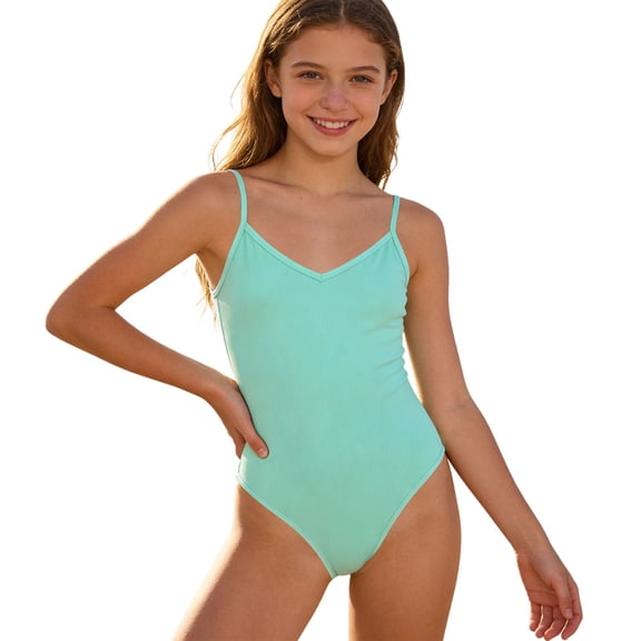 Curuila Children Girls One Piece Swimsuit V Neck Solid Color Sleeveless Straps Fashionable Swimwear For Swim Beach Mint Green Size 9-10 Years