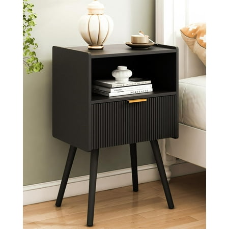 Nightstand Modern Bedside Table with Storage Drawer and Open Wood Shelf for Living Room Bedroom and Small Spaces Accent Night Stand with Solid Wood Legs Easy Assembly