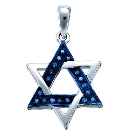 10K White Gold 0.10CT Bead & Bright Cut Blue Diamond Israel Star Pendant