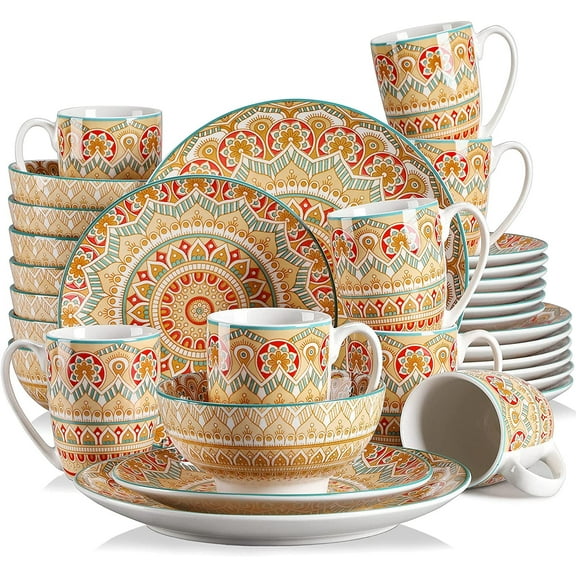 vancasso, Series Mandala, 32 Piece Porcelain Dinnerware Set, Yellow Dinner Set, Service for 8