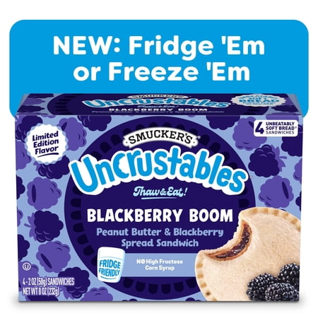 Smucker’s Uncrustables Peanut Butter & Blackberry Spread Sandwiches, 4 Count, 2 oz Each, Frozen