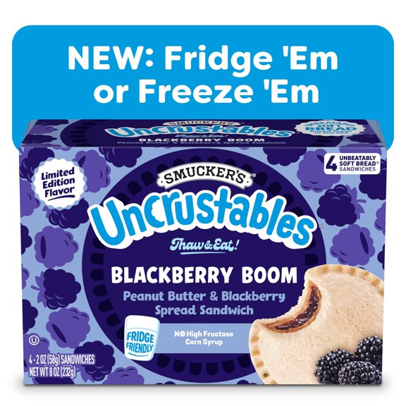 Smucker’s Uncrustables Peanut Butter & Blackberry Spread Sandwiches, 4 Count, 2 oz Each, Frozen