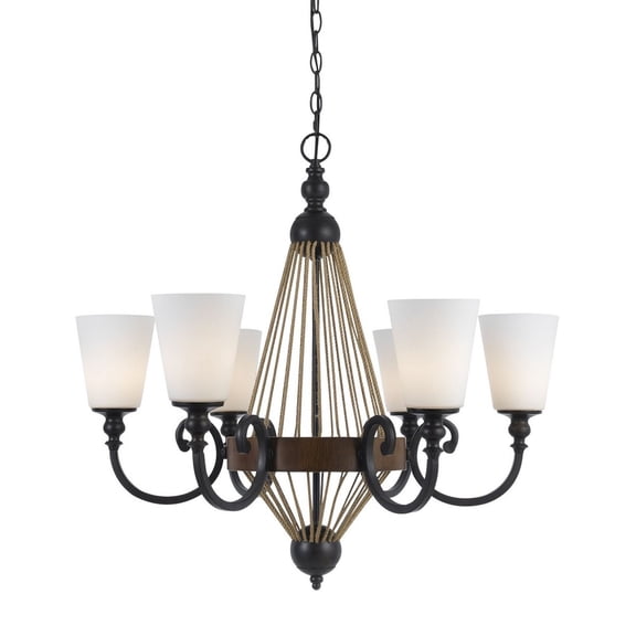 Cal Lighting 30.75" Tall Metal Chandelier in Metal Wood Finish-Color:Metal/Wood,Finish:Metal/Wood,Material:Glass,Shape:Round,Wattage:60WX6