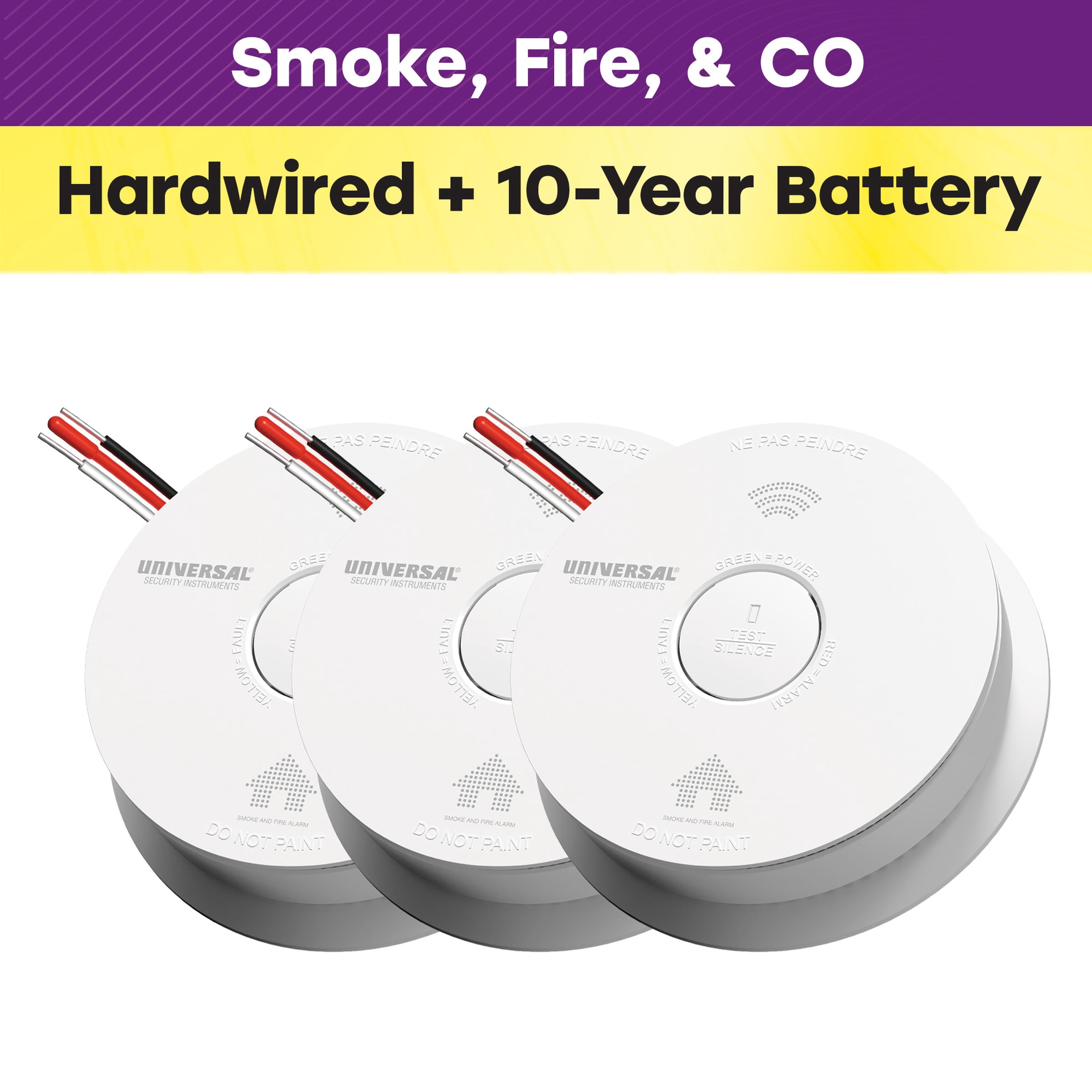 Universal Security Instruments Hardwire Smoke, Fire, Carbon Monxide Alarm, with 10-Year Battery Backup