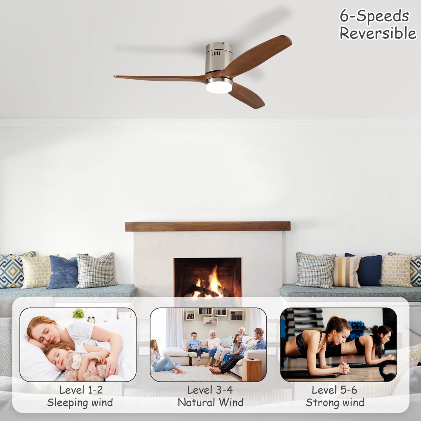 52 Inch Ceiling Fan with Light, Walnut Solid Wood Blades, Remote Control, 6-Speed Reversible DC Motor for Bedroom, Living Room, Dining Room Indoor Outdoor Use