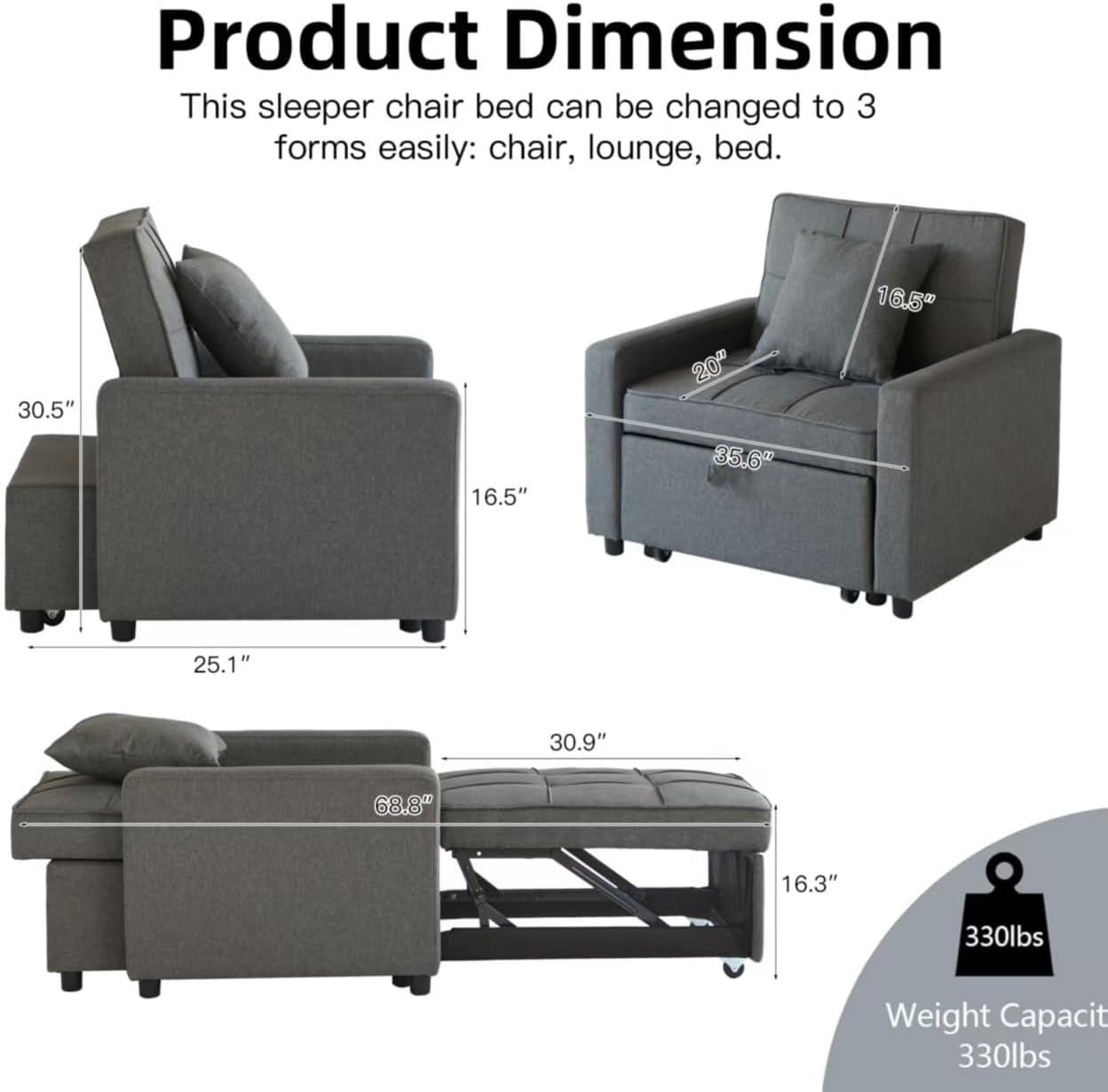 Gewnee 3-in-1 Convertible Chair Bed, Fabric Single Sleeper Sofa Bed with Adjustable Backrest, Perfect for Dorms, Offices and Small Apartments, Dark Gray