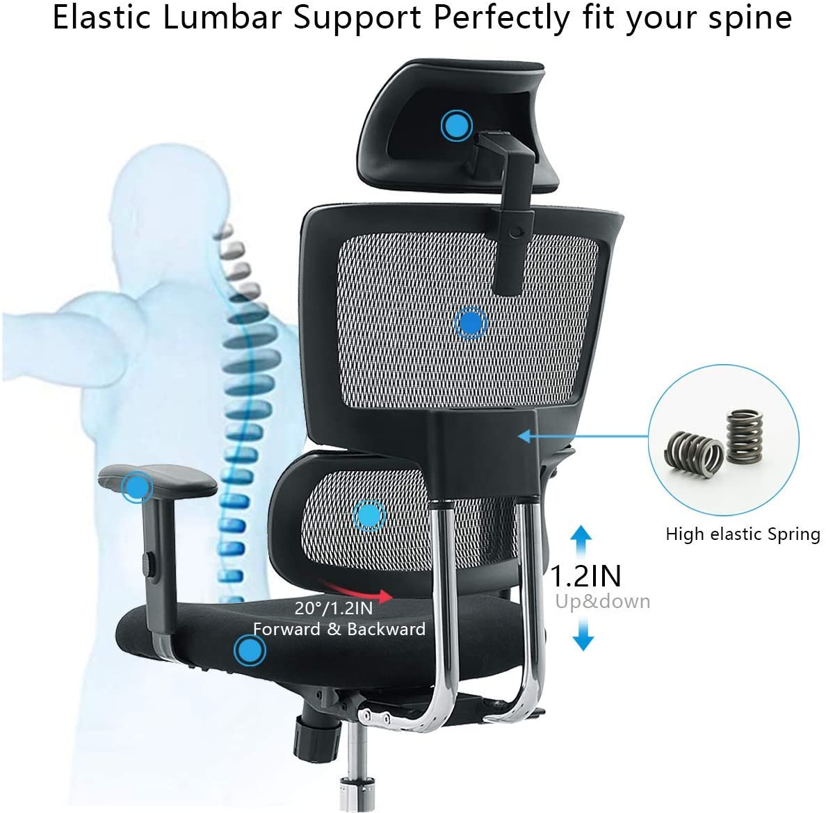 Ticova Ergonomic Office Chair - High Back Desk Chair with Elastic Lumbar Support & Thick Seat Cushion - 140°Reclining & Rocking Mesh Computer Chair with Adjustable Headrest, Armrest - image 3 of 5