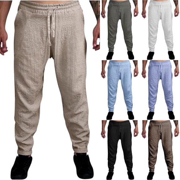 safuny Men's Straight Loose Cotton Linen Pants Athletic Outwear Work Casual Comfy Daily Sport Solid Color Dungarees Activewear Holiday Drawstring Trendy Trousers Beige L