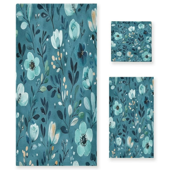 Three-Piece Towel Set Face Towel Towel Set Hand Towel Bath Towel Cotton Bath Towels Bath Towel Sets Hand Bath Towels Cartoon Teal Flowers Seamless