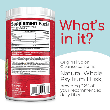 Health Plus Colon Cleanse Digestive Support | No Artificial Flavors | Daily Fiber for Toxin Elimination To Reduce Bloating | Psyllium Husk | Orange Flavor | 9 Ounces, 36 Servings