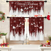Merry Christmas Kitchen Window Curtains and Valances Set 36 Inch, Xmas Tree Reindeer Snowflake Plaid Farmhouse Short Tier Curtain for Cafe Living Room Bathroom, Red 3 Pieces Set Kitchen Decor