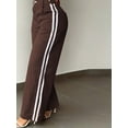 thumbnail image 2 of Women's Vintage Brown Wide Leg Pants With White Side Stripes, Button Zipper Pockets, Long Woven Fabric Trousers, Autumn Fashion Choice For Commute And Office, 2 of 7