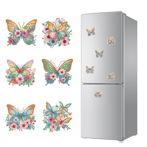 6pcs Diamond Painting Kit Fridge Magnets Flower Butterfly DIY Glitter Magnetic Stickers Creative Handmade Fridge Decorations Perfect for Kitchen Decor and Holiday Gifts